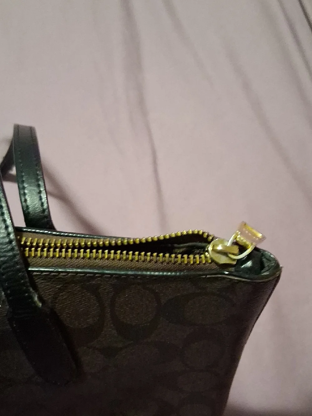 Coach Brown Signature Tote with Dark Green Handles - Picture 5 of 10